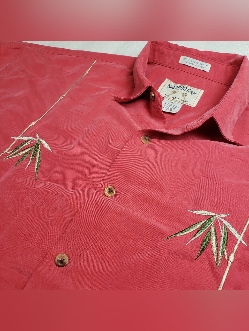 Bamboo Cay Hawaiian Shirt XL Embroidery Leaves Red Short Sleeve Polynesian